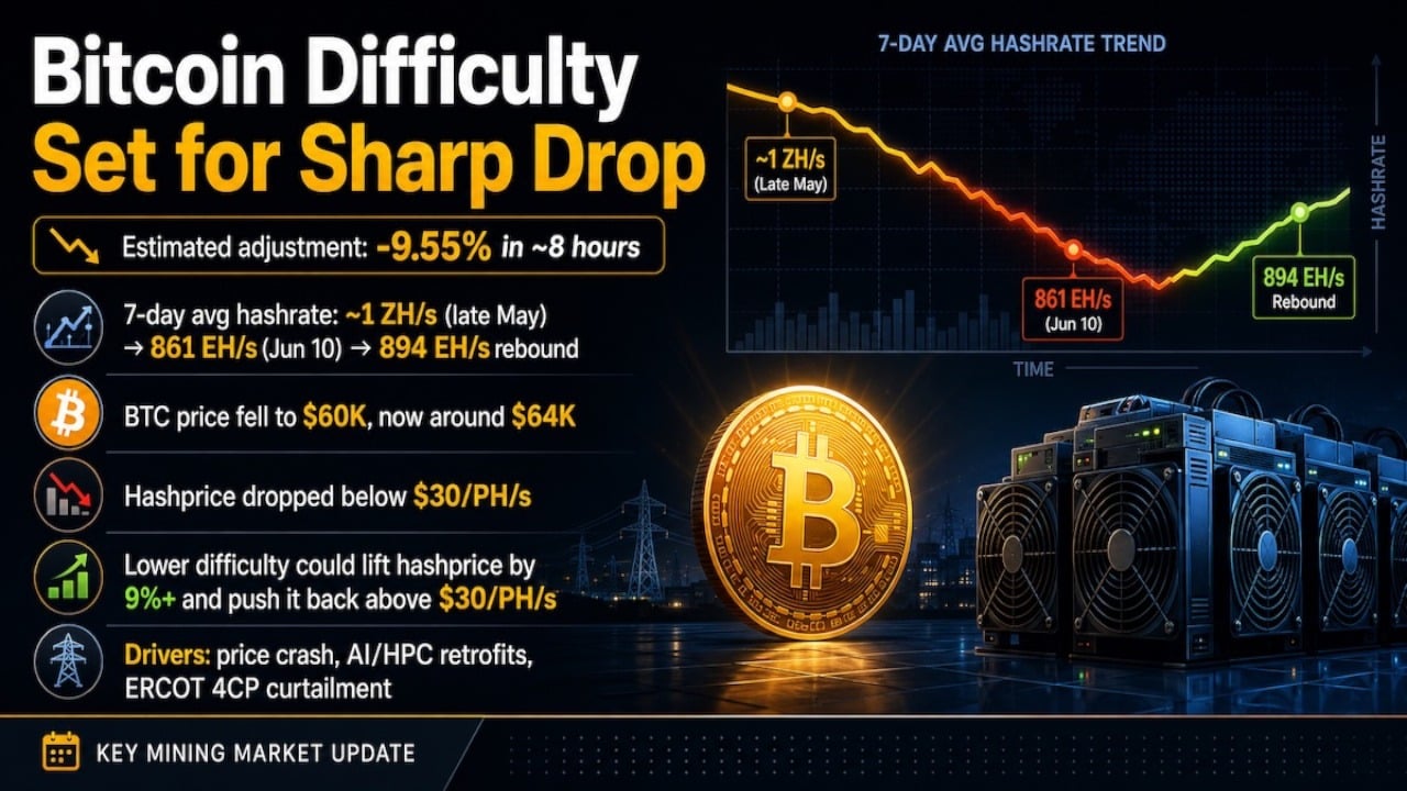 Bitcoin Mining Difficulty Set for Steep Drop as Hashrate Slides After Price Crash