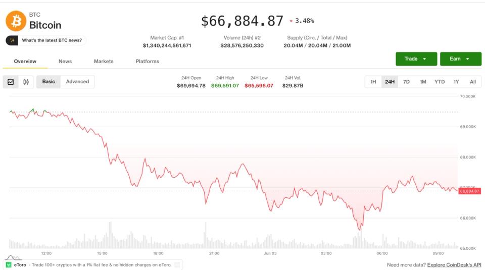 Bitcoin steadies at $67,000, faces critical juncture after sliding 9.5% in seven days