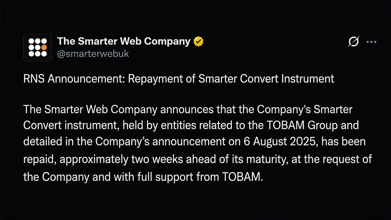 Bitcoin Treasury Firm Smarter Web Sells 177 BTC in Early Debt Repayment Move