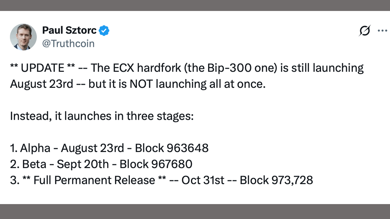 Bitcoin's ECX Hard Fork Splinters Into 3 Launches Through October