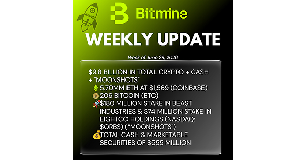 Bitmine Immersion Technologies (BMNR) anuncia que sus tenencias de ETH alcanzan los 5,70 millones de tokens