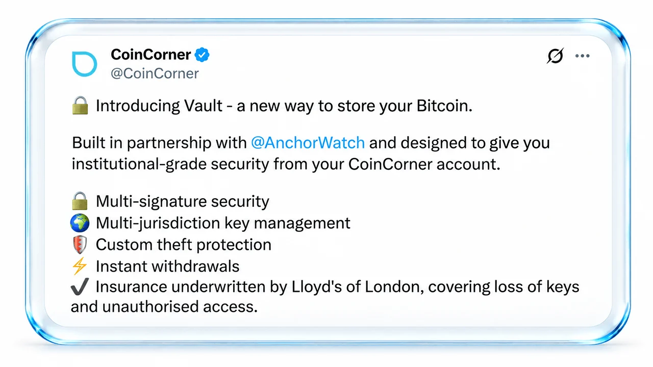 Coincorner, Anchorwatch Roll out Bitcoin Custody With Lloyd's Insurance