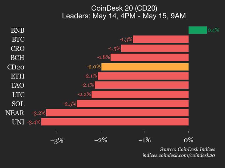 CoinDesk 20 performance update: BNB is only gainer as index drops 2%