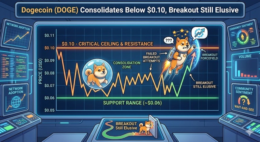 ドージコイン（DOGE）は0.10ドルを下回って横ばい状態が続き、ブレイクアウトは依然として見通せない。