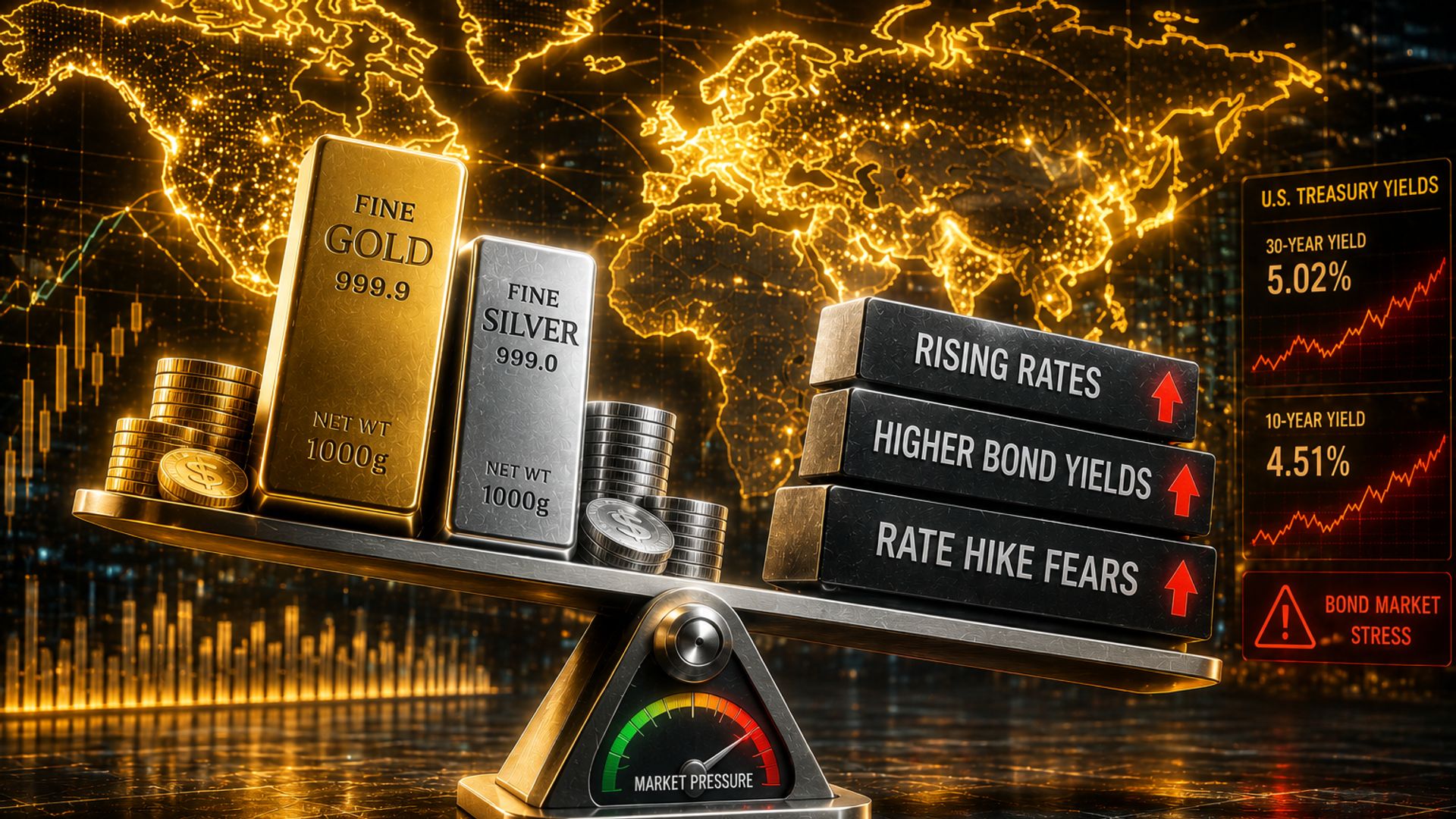 Gold, silver prices remain caught between rate hike fears and bond market stress