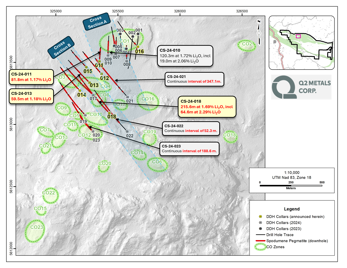 Foto von Q2 Metals Drills 215.6m at 1.69% Li2O including 64.6m at 2.29% Li2O at the Cisco Lithium Property, James Bay, Quebec, Canada